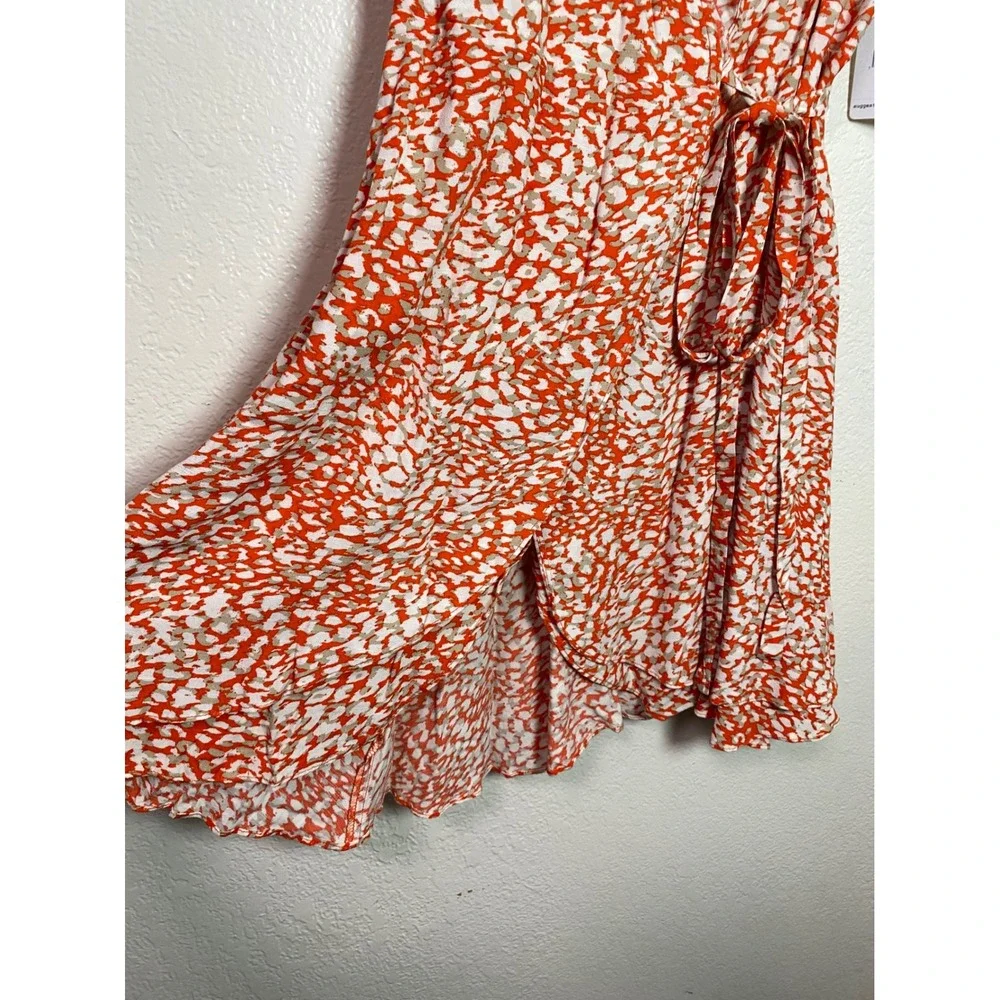 Free People French Quarter Orange Abstract Ruffle Wrap Mini Dress Medium NWT